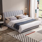 Tall vertical tufted headboard bed and cot in grey fabric with modern bed design look
